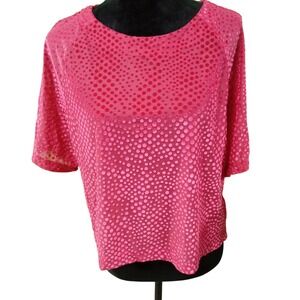 Bobeau Top MED Pink Velvet Dot Semi Sheer Blouse Short Sl‎ Round Neck Chic